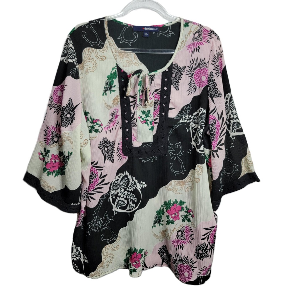 Denim 24/7 Womens Plus 20W Floral Mixed Print Tunic Blouse Pink Black 3/4 Sleeve
